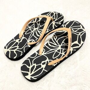 Calvin Klein Flip Flops Thong Sandals Black White‎ Floral Print Beach Size 7